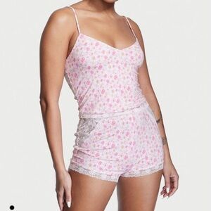NWT Victoria Secret pink & white peony Crop Top Modal Cami Top Set & bottoms XL